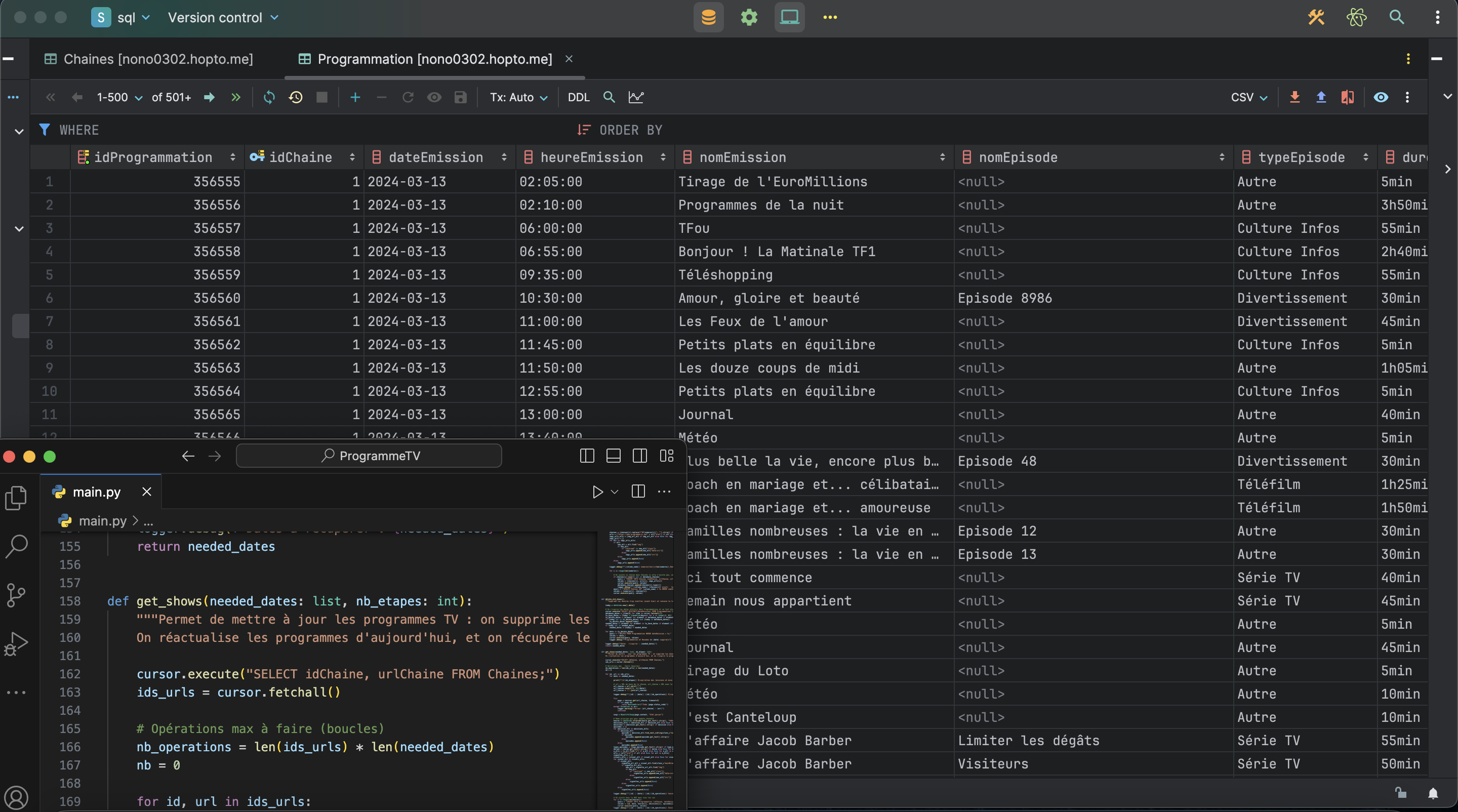 Screenshot de la BDD de ProgrammeTV